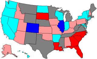 Results -- light red represents Republican holds, dark red Republican pickups, light blue Democratic holds, dark blue Democratic pickups.