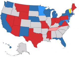 Seats up for election. Republican incumbents are red, Democratic incumbents are blue, open Republican seats are pink, open Democratic seats are light blue, and the open independent seat is yellow. States without a seat up for reelection are gray.